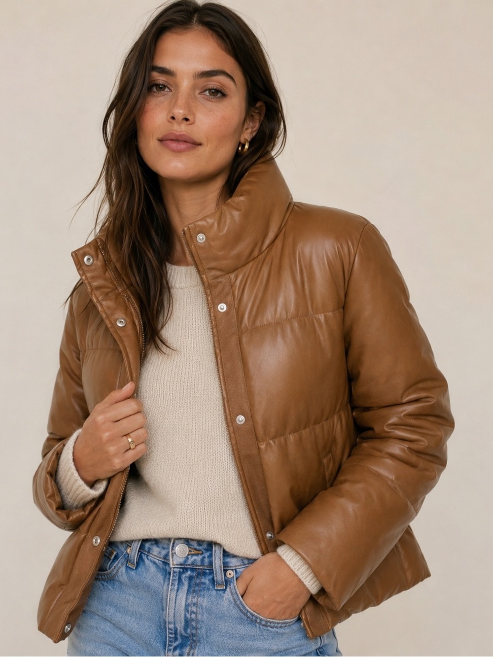 . Gap Camel Fleece Lined Short Long Sleeve Puffer Coat
